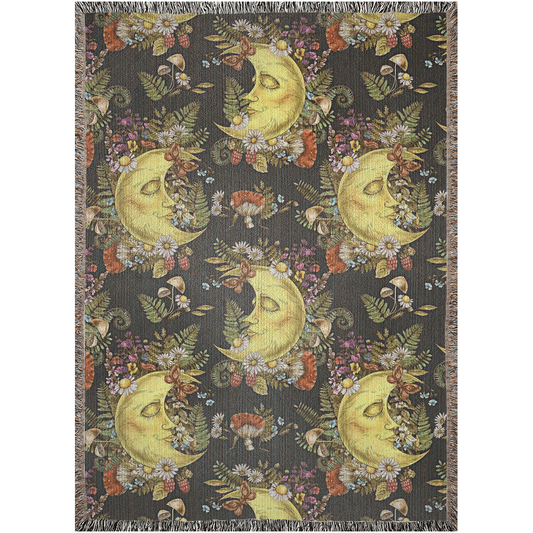Moon, Mushrooms, plantsblanket. Moon, Plants Leaves, Mushrooms And WildFlowers Woven Blankets. Cottagecore theme gift. Mushroom bedding