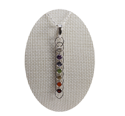 7 Chakra Pendant - 7 Faceted Rounds Set in Layered Vertical Silver Loop Design