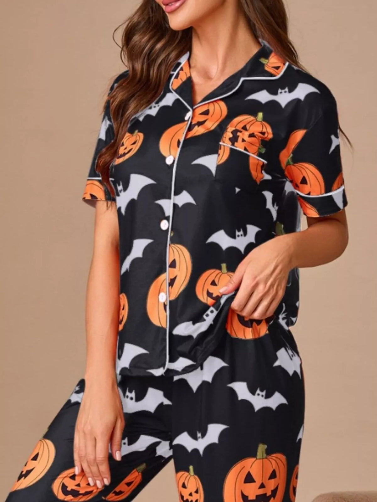 Halloween Pumpkin & Bat Print Button-Down Lounge Set