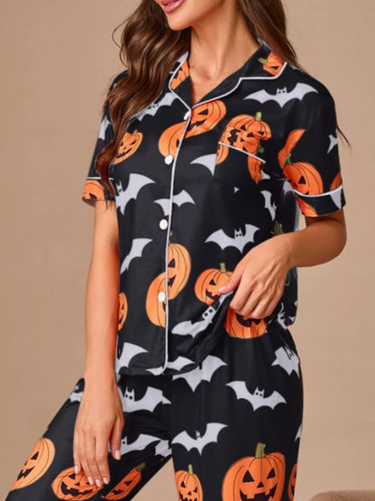 Halloween Pumpkin & Bat Print Button-Down Lounge Set