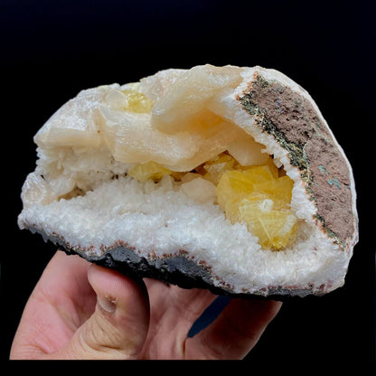 Fluorescent Powellite with Stilbite Inside Heuladnite Geode