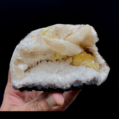 Fluorescent Powellite with Stilbite Inside Heuladnite Geode