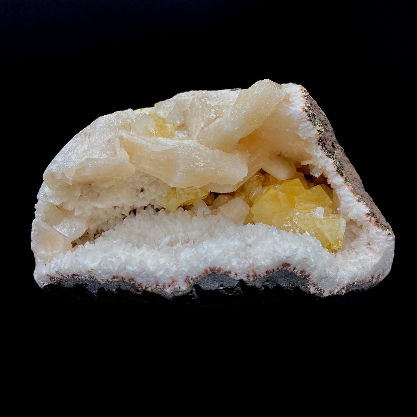 Fluorescent Powellite with Stilbite Inside Heuladnite Geode