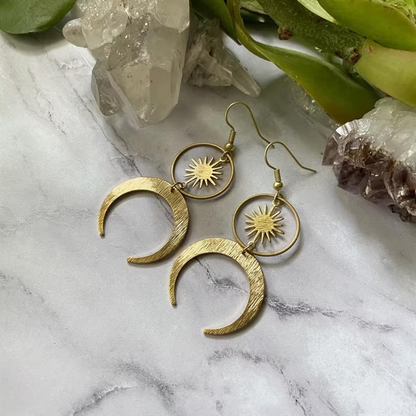 Druzy Stone Crescent Moon Sun Earrings
