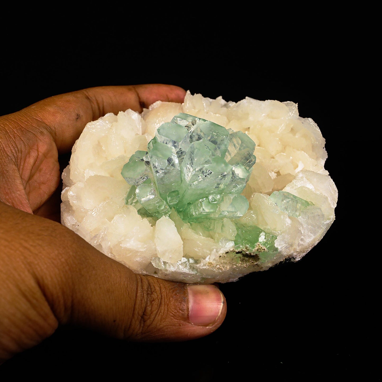 Green Apophyllite Disco Ball with Stilbite Natural Mineral Specimen # B 6819