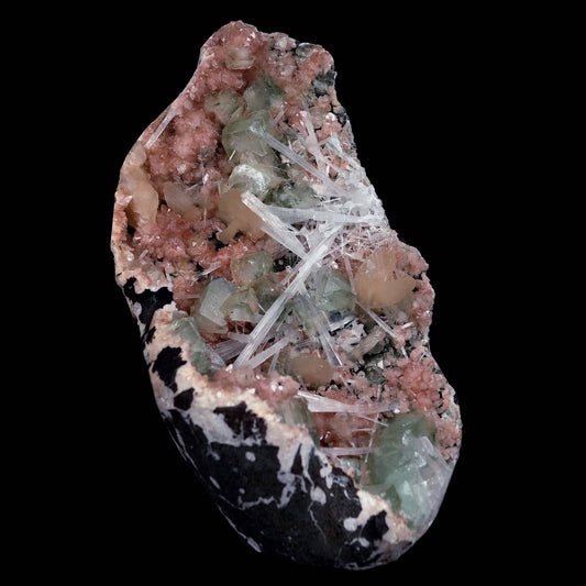 Green Apophyllite with Scolecite Sprays on Stilbite Natural Mineral Specimen # B 4643 – Apophyllite