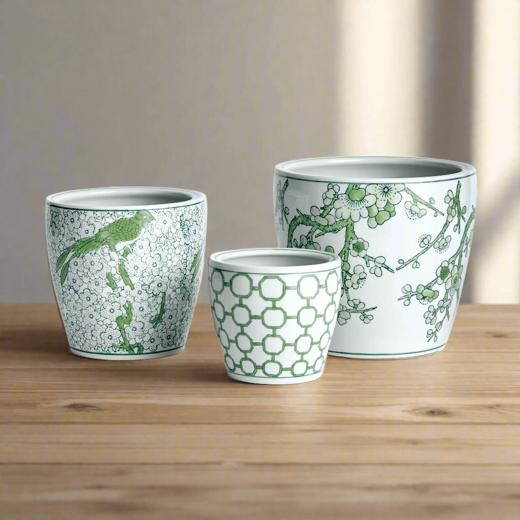Green and White Chinoiserie Ceramic Planters (Set of 3)