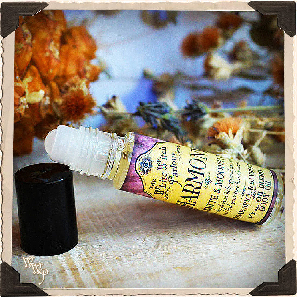 HARMONY Elixir BODY OIL Rollon. Scent of Cedar, Spice & Bayberry. Blessed by Selenite ,Moonstone Crystals. – aromatherapy, perfume, oils