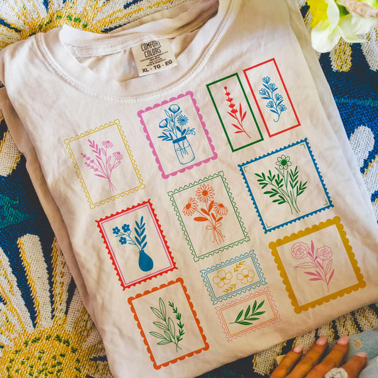 Whimsical flower postage stamps tee or sweatshirt –