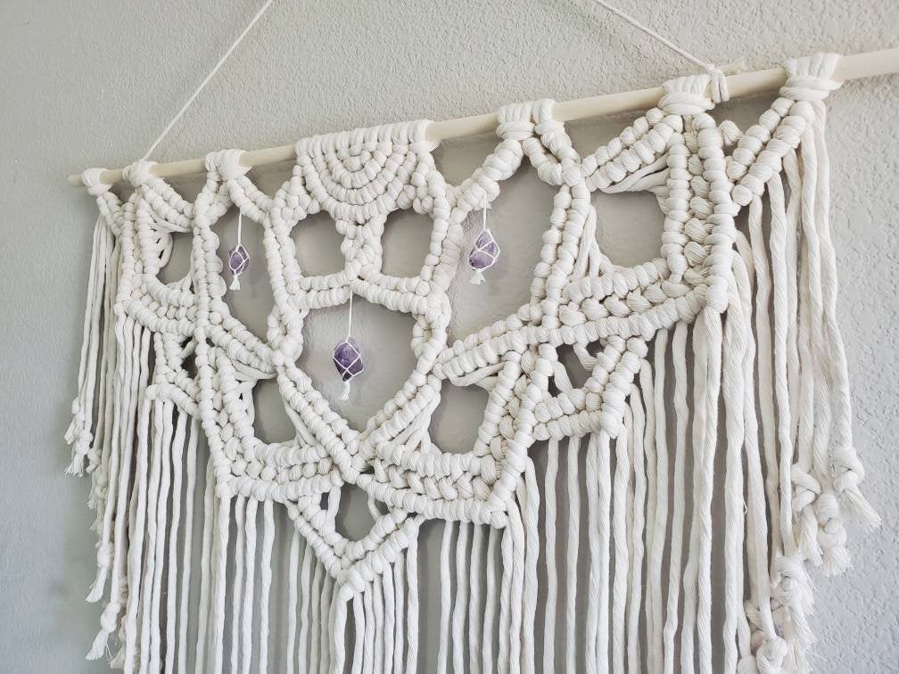 Extra large macrame half mandala wall hanging with 3 large Amethyst crystals. Ready to ship.