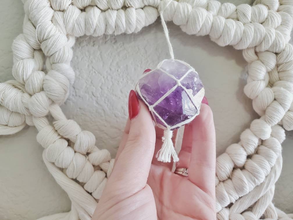 Extra large macrame half mandala wall hanging with 3 large Amethyst crystals. Ready to ship.