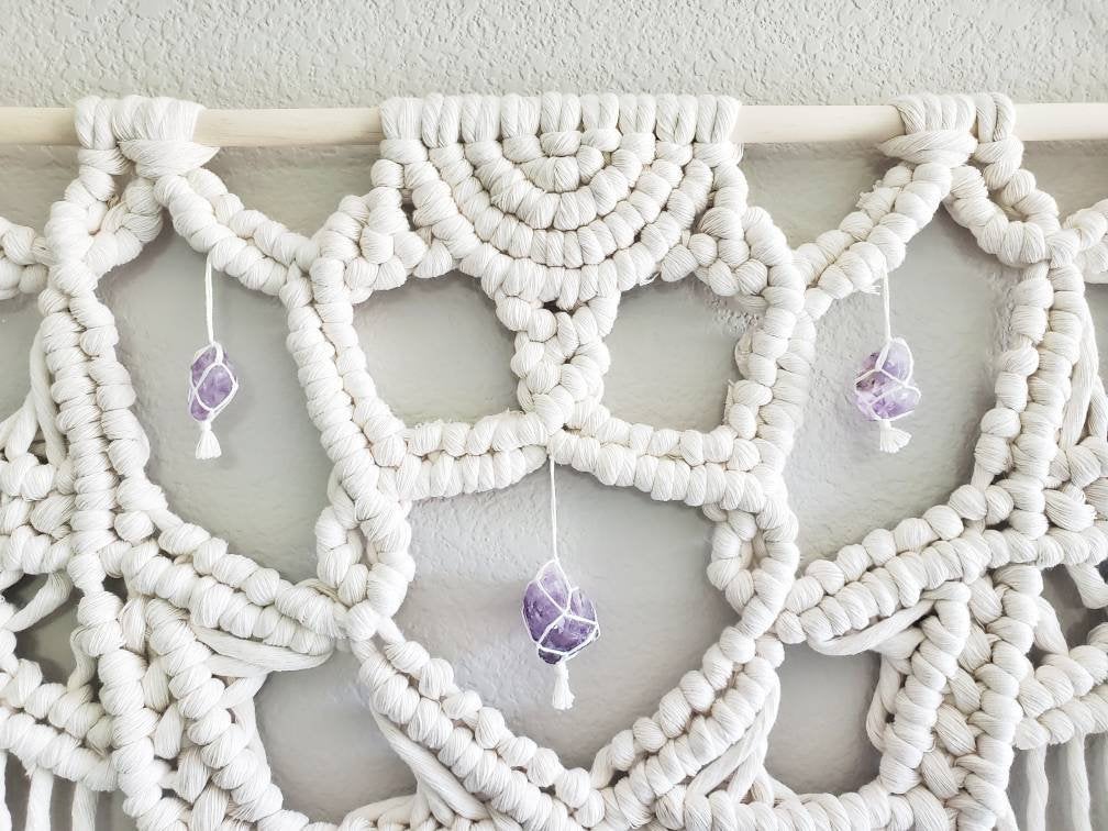 Extra large macrame half mandala wall hanging with 3 large Amethyst crystals. Ready to ship.