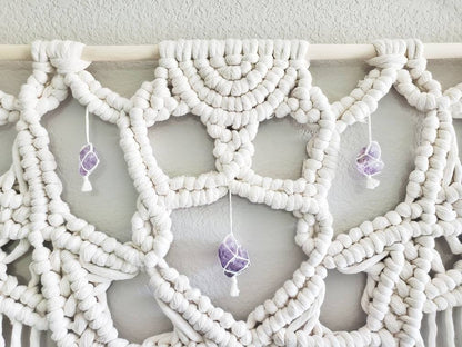 Extra large macrame half mandala wall hanging with 3 large Amethyst crystals. Ready to ship.