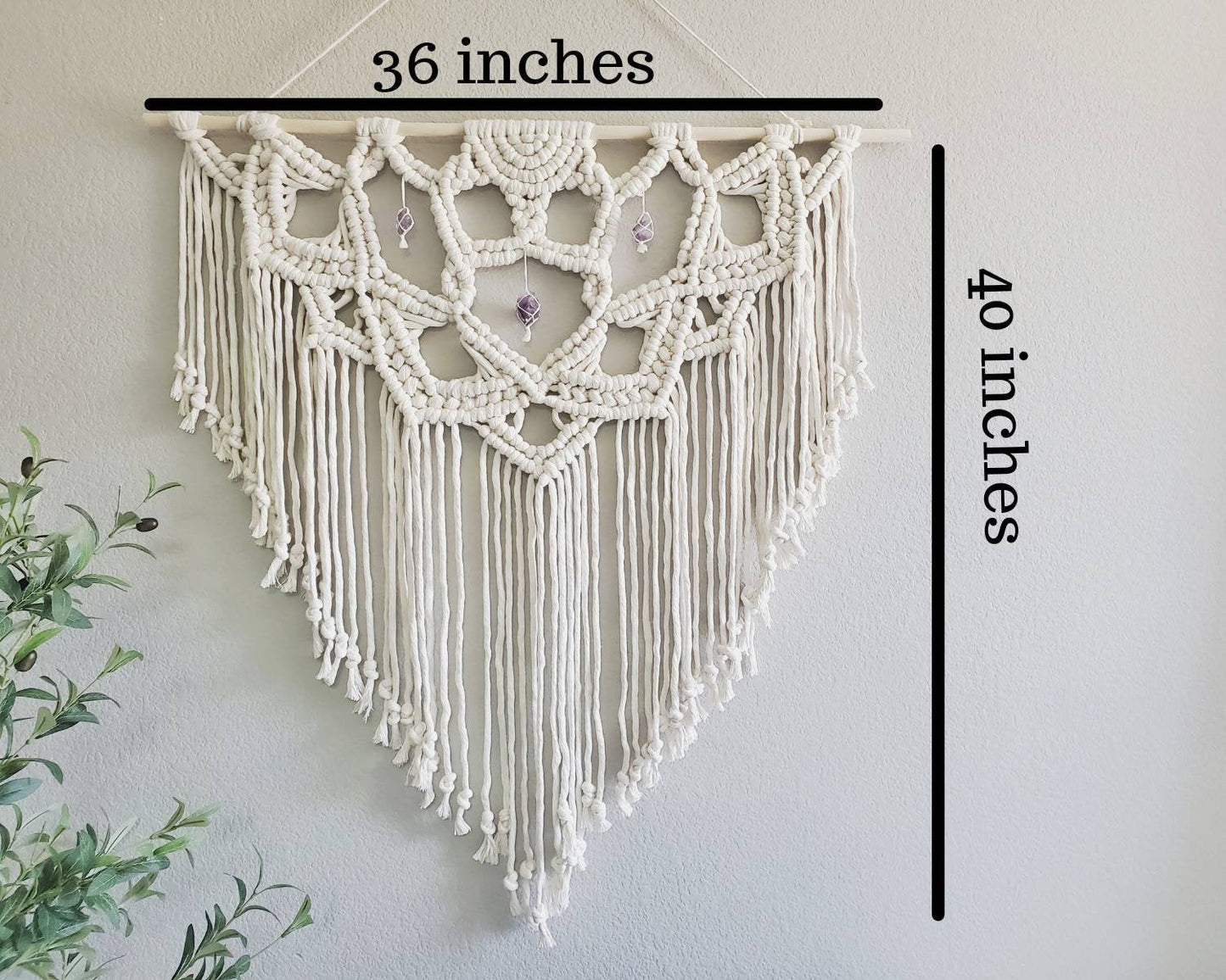 Extra large macrame half mandala wall hanging with 3 large Amethyst crystals. Ready to ship.