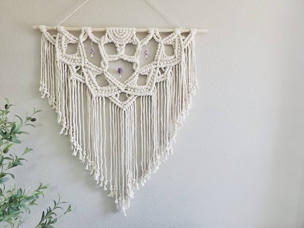 Extra large macrame half mandala wall hanging with 3 large Amethyst crystals. Ready to ship.