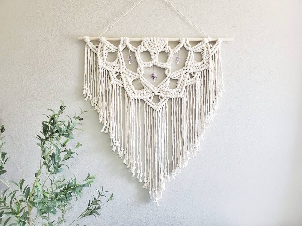 Extra large macrame half mandala wall hanging with 3 large Amethyst crystals. Ready to ship.
