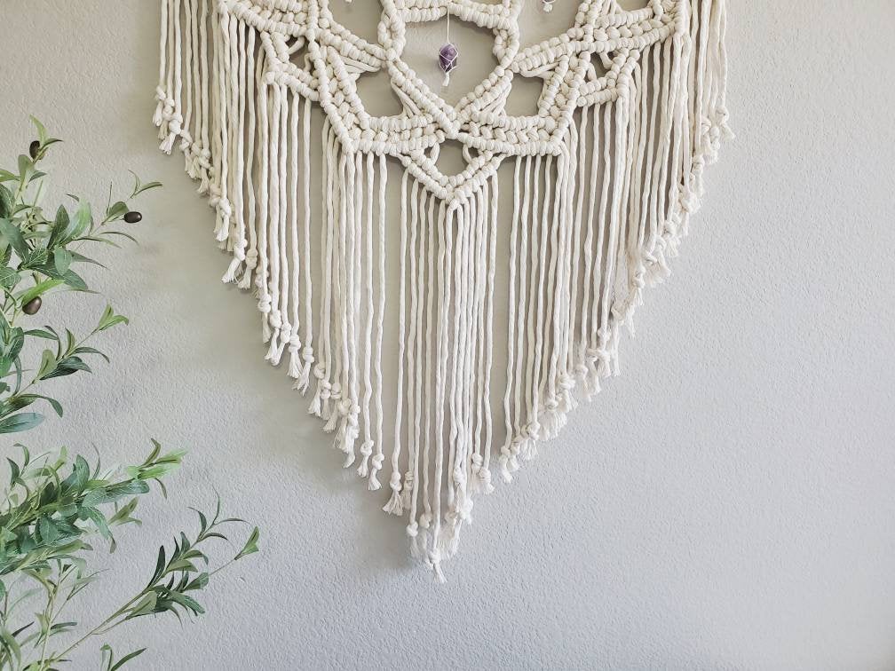 Extra large macrame half mandala wall hanging with 3 large Amethyst crystals. Ready to ship.