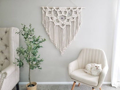 Extra large macrame half mandala wall hanging with 3 large Amethyst crystals. Ready to ship.