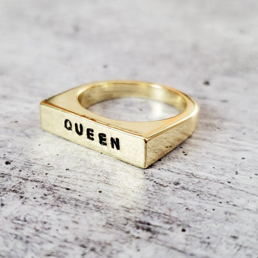 QUEEN Gold or Silver Flat Top Ring