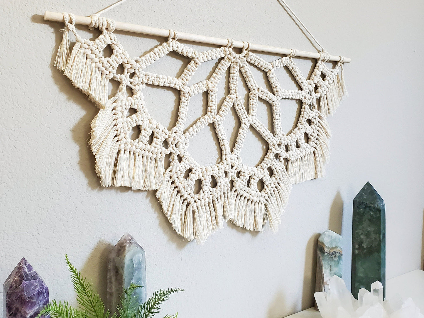 Large macrame half mandala wall hanging.