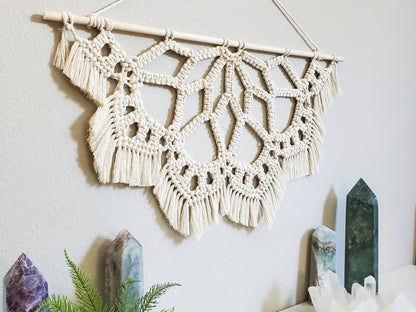 Large macrame half mandala wall hanging.