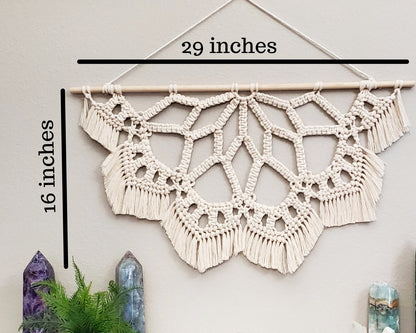 Large macrame half mandala wall hanging.