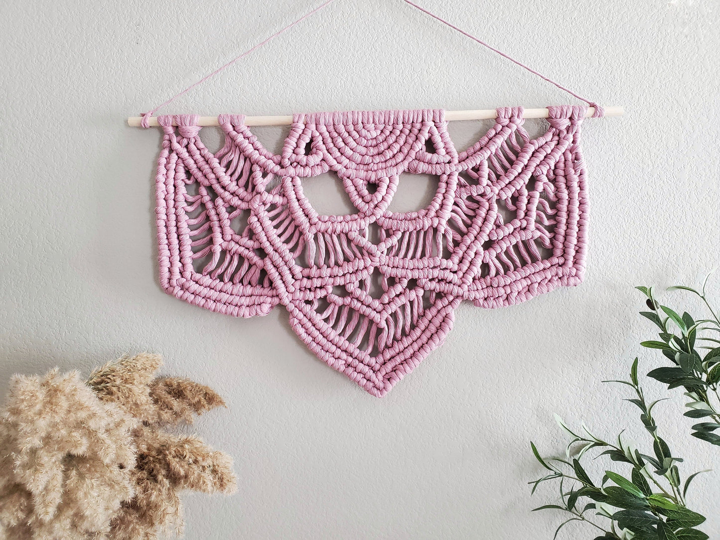 Pink fringeless macrame half mandala wall hanging. Ready to ship.