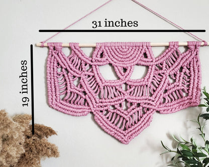 Pink fringeless macrame half mandala wall hanging. Ready to ship.