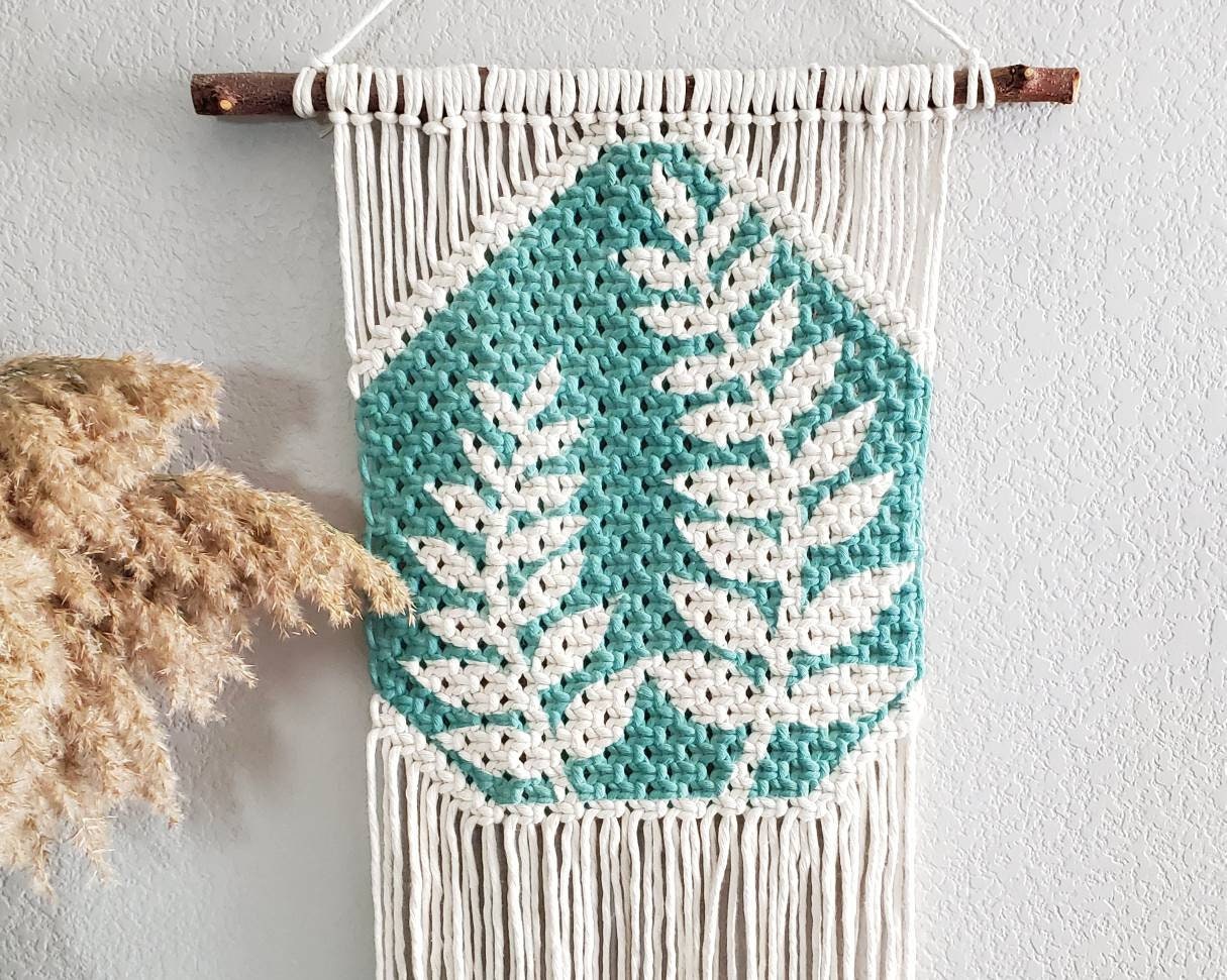 Hand painted macrame botanical wall hanging. Ready to ship.
