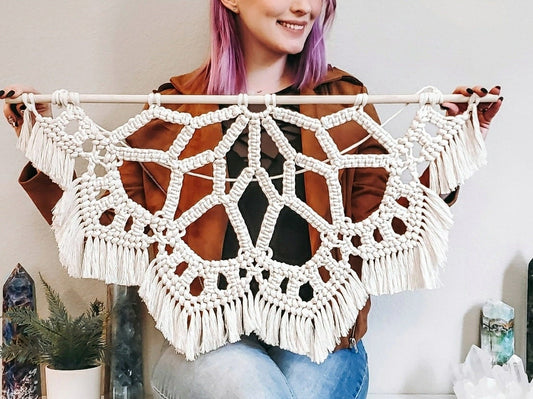 Large macrame half mandala wall hanging.