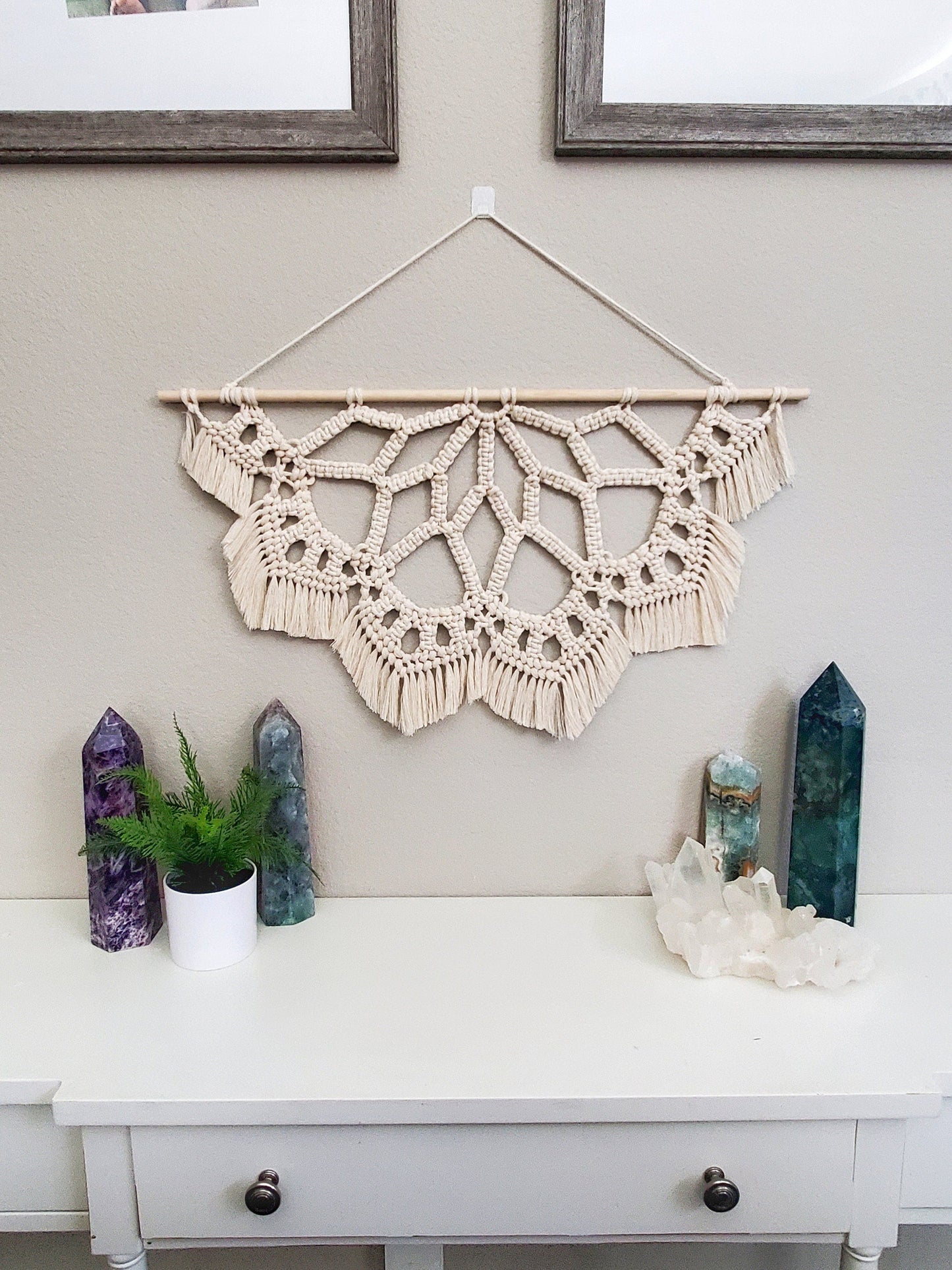 Large macrame half mandala wall hanging.