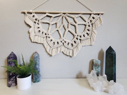 Large macrame half mandala wall hanging.