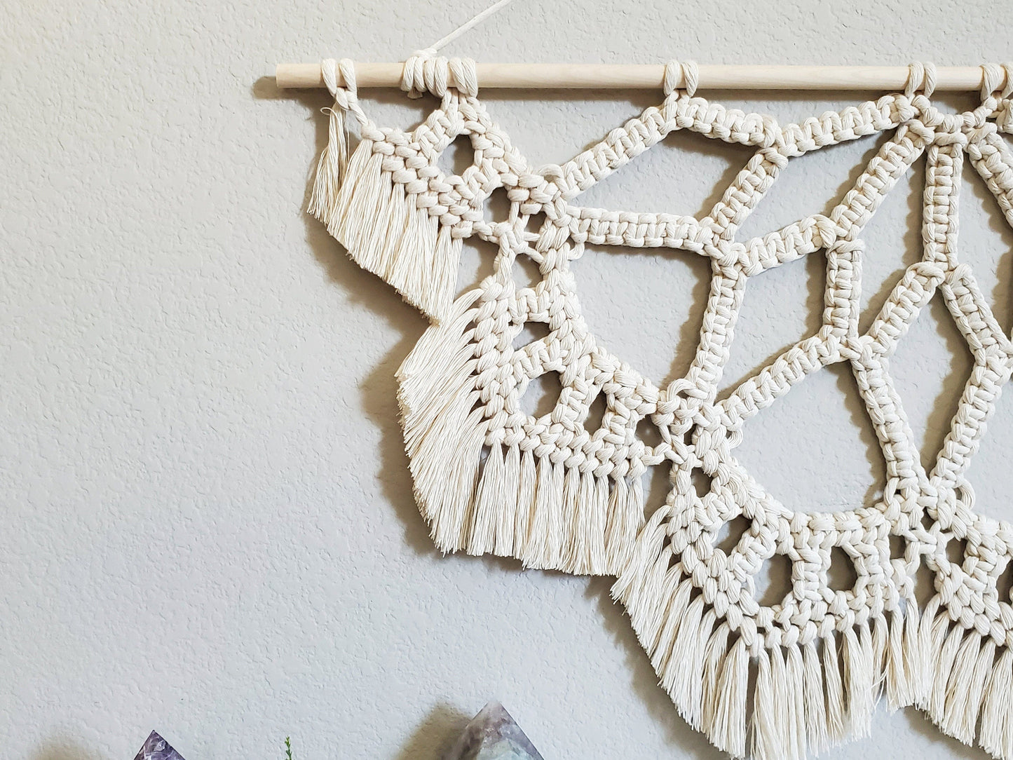 Large macrame half mandala wall hanging.