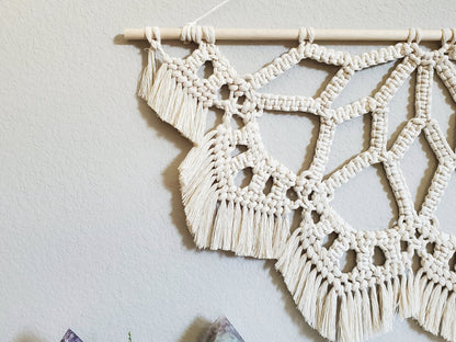 Large macrame half mandala wall hanging.
