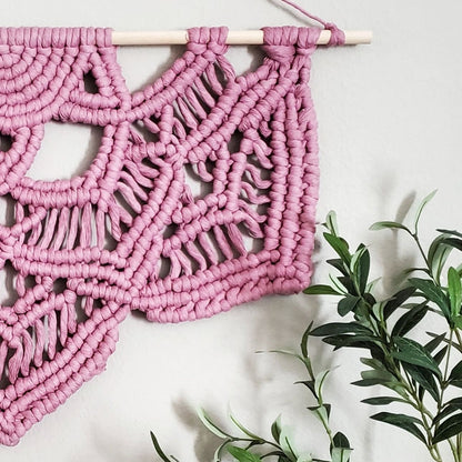 Pink fringeless macrame half mandala wall hanging. Ready to ship.