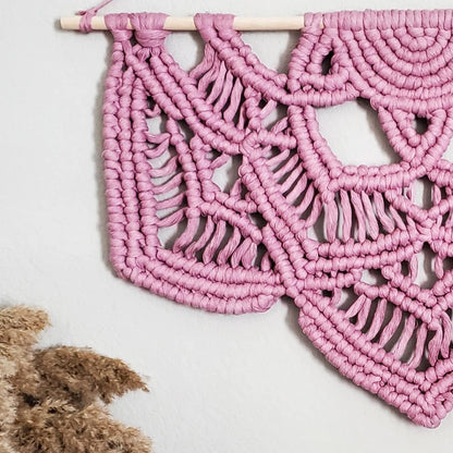 Pink fringeless macrame half mandala wall hanging. Ready to ship.