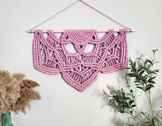 Pink fringeless macrame half mandala wall hanging. Ready to ship.