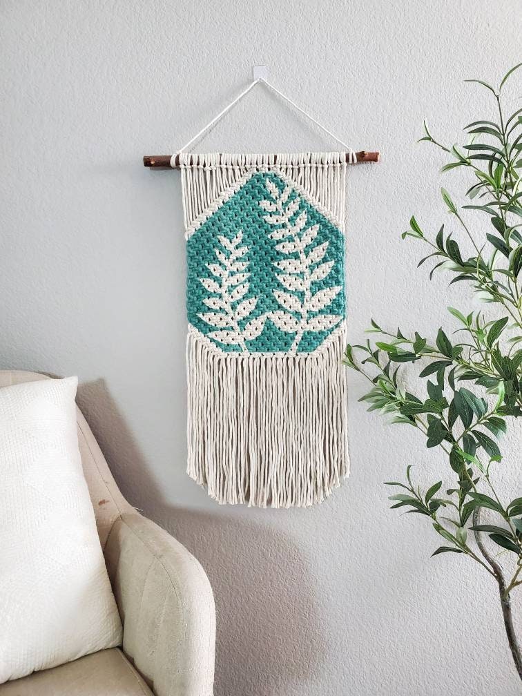Hand painted macrame botanical wall hanging. Ready to ship.