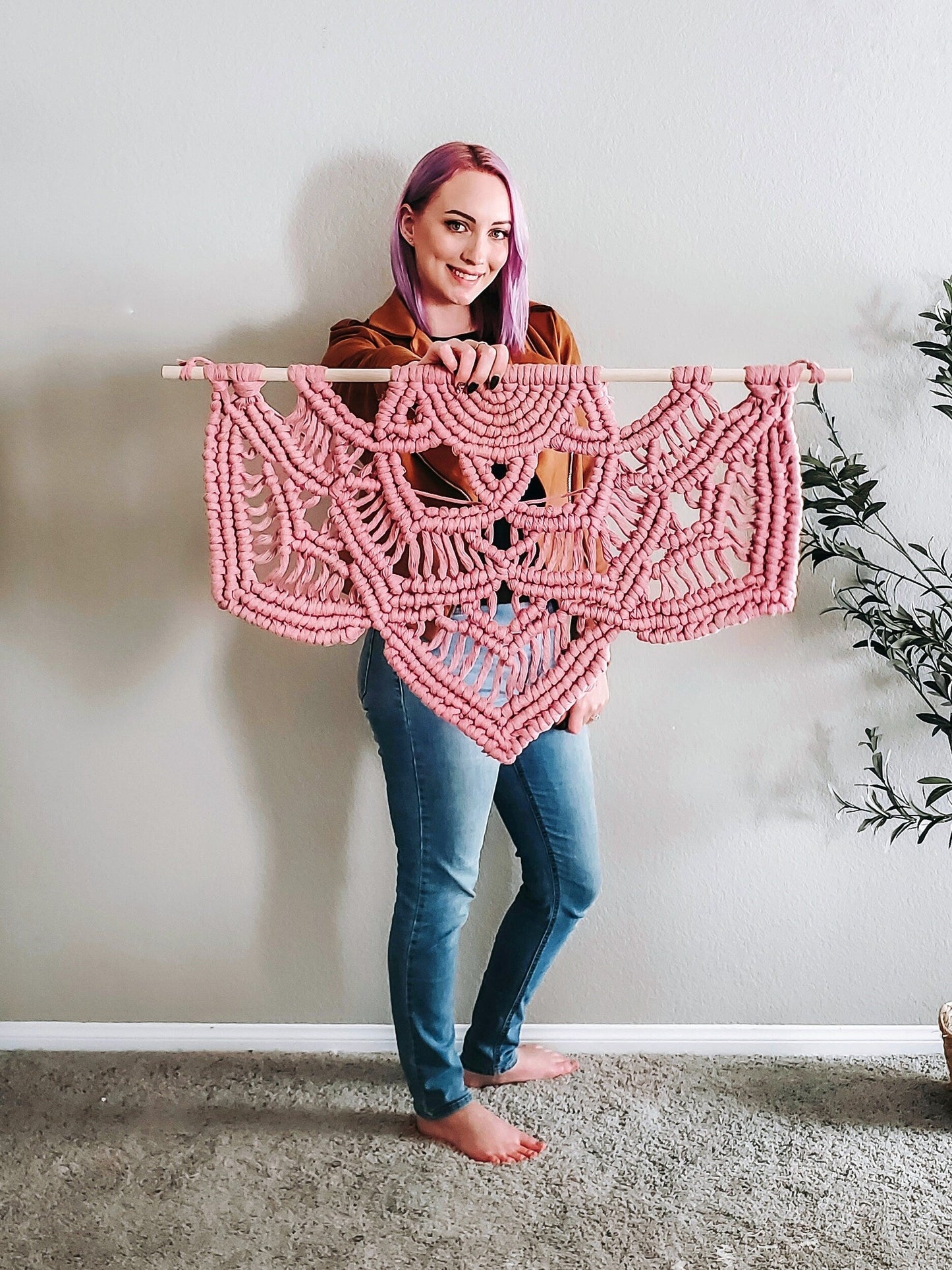 Pink fringeless macrame half mandala wall hanging. Ready to ship.