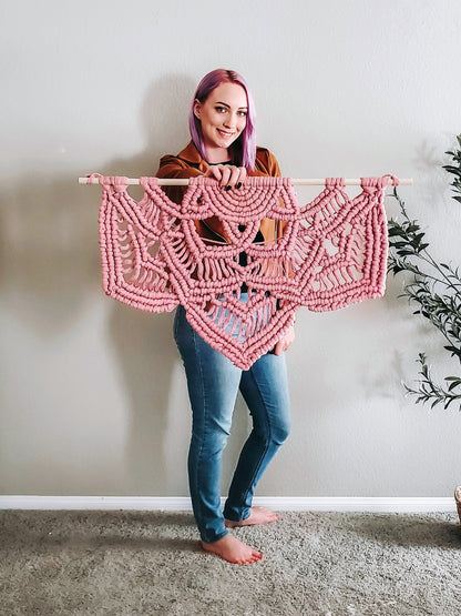 Pink fringeless macrame half mandala wall hanging. Ready to ship.