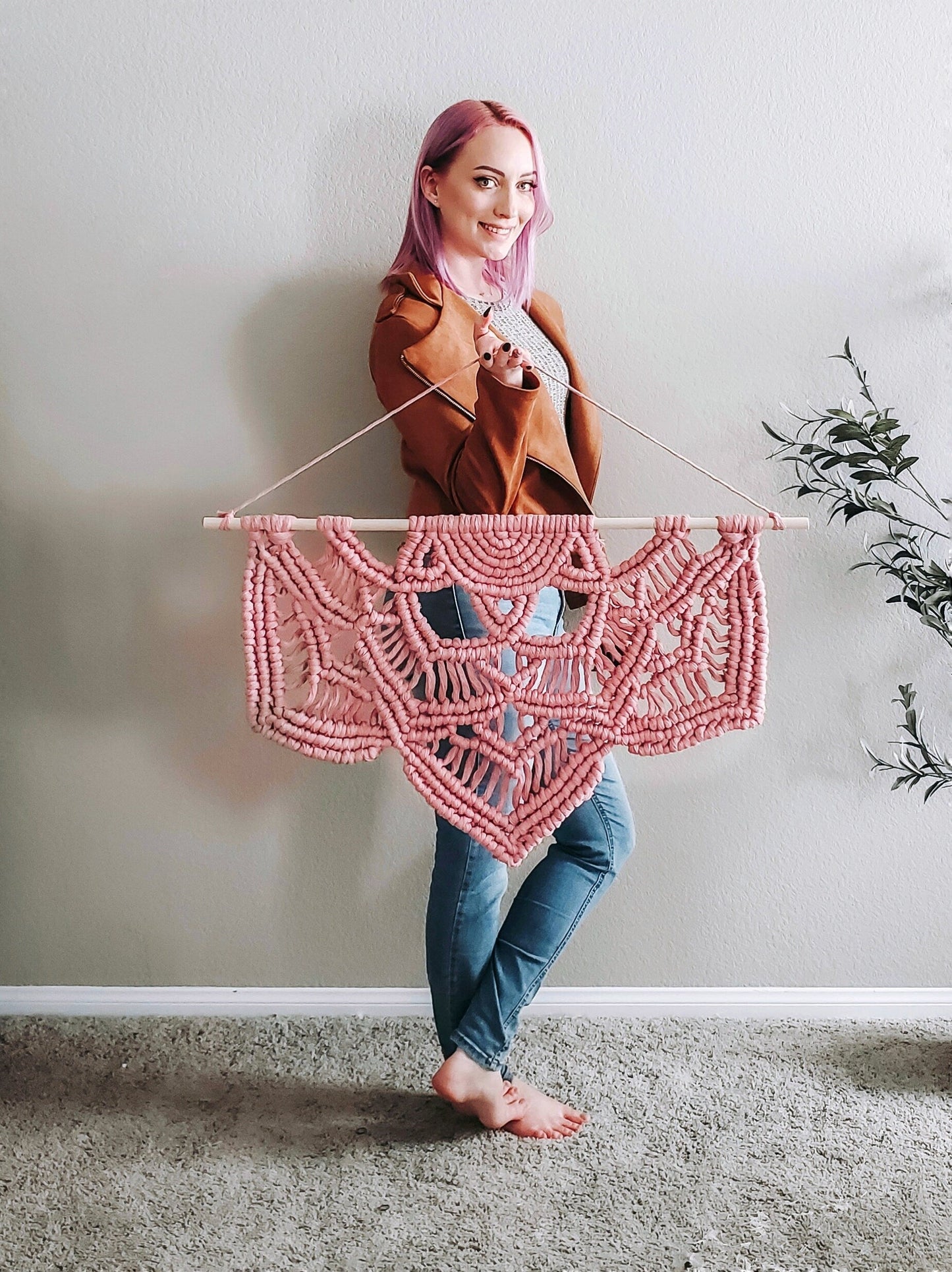 Pink fringeless macrame half mandala wall hanging. Ready to ship.
