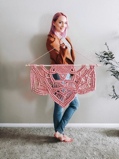 Pink fringeless macrame half mandala wall hanging. Ready to ship.