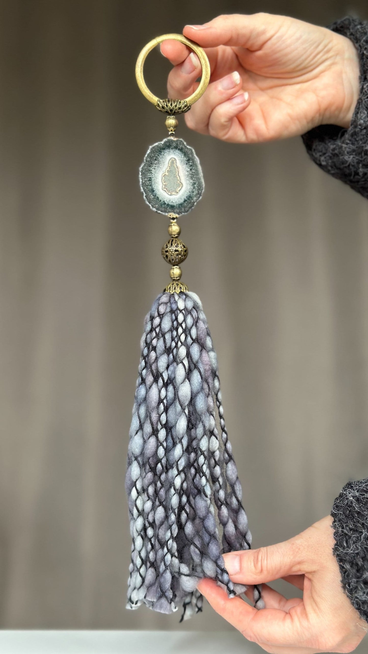 Crystal Garland with Stalactite Stone and Merino Wool Tassels, One of a kind decor piece, Natural Wall Hanging, multiple uses Jasper Gift