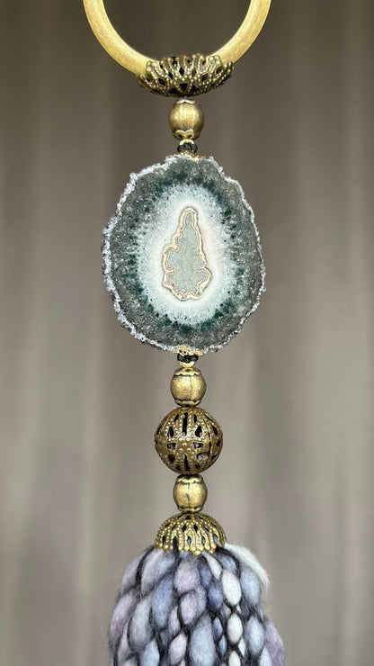 Crystal Garland with Stalactite Stone and Merino Wool Tassels, One of a kind decor piece, Natural Wall Hanging, multiple uses Jasper Gift