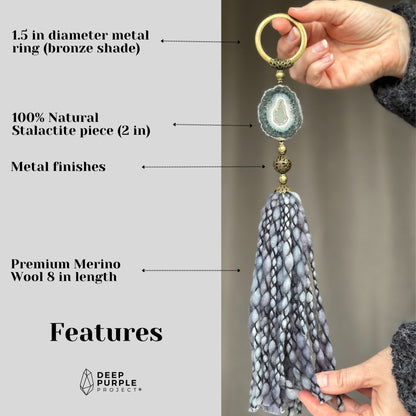 Crystal Garland with Stalactite Stone and Merino Wool Tassels, One of a kind decor piece, Natural Wall Hanging, multiple uses Jasper Gift