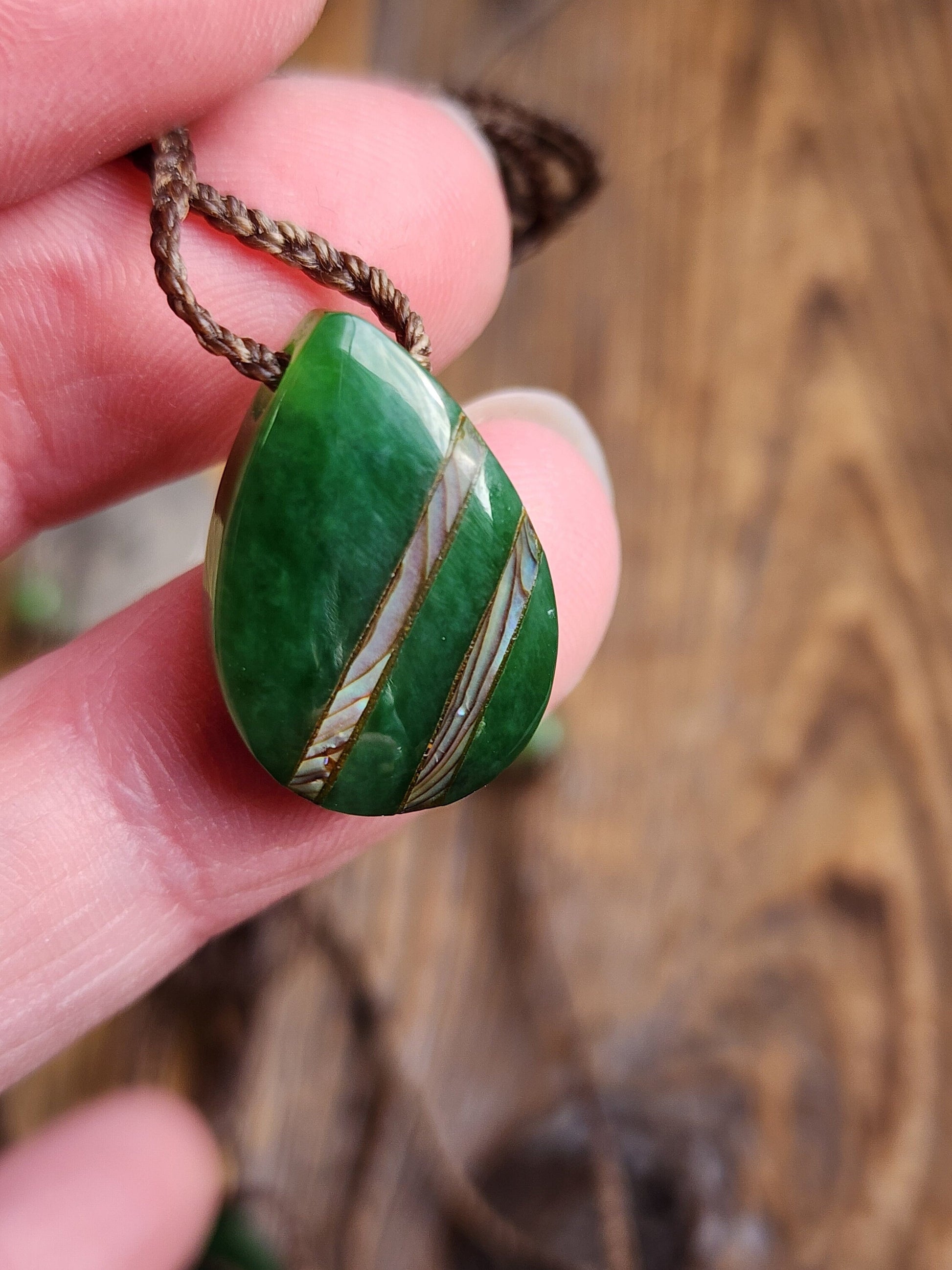 Canadian Nephrite Jade Teardrop Pendant with Abalone –