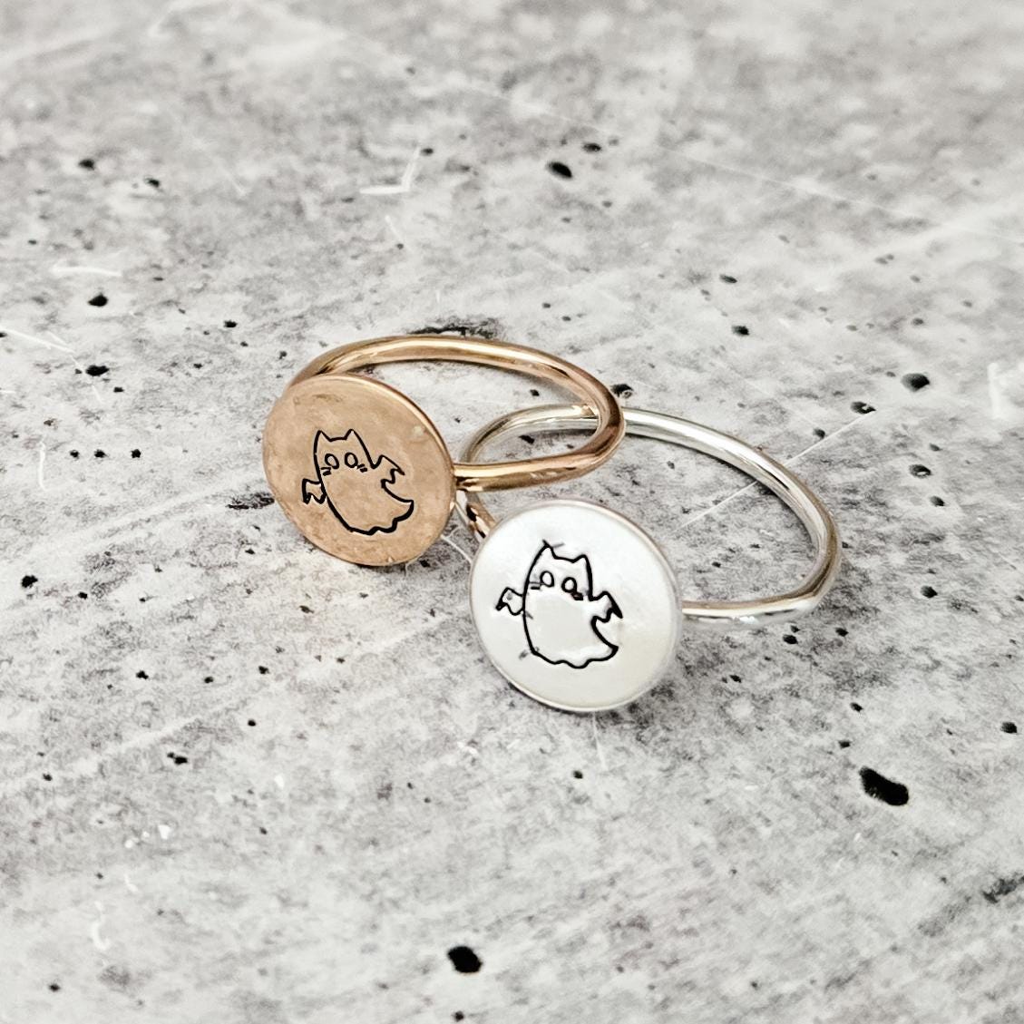 Halloween Ghost Cat Ring: Sterling Silver or Gold-Filled