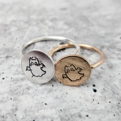 Halloween Ghost Cat Ring: Sterling Silver or Gold-Filled