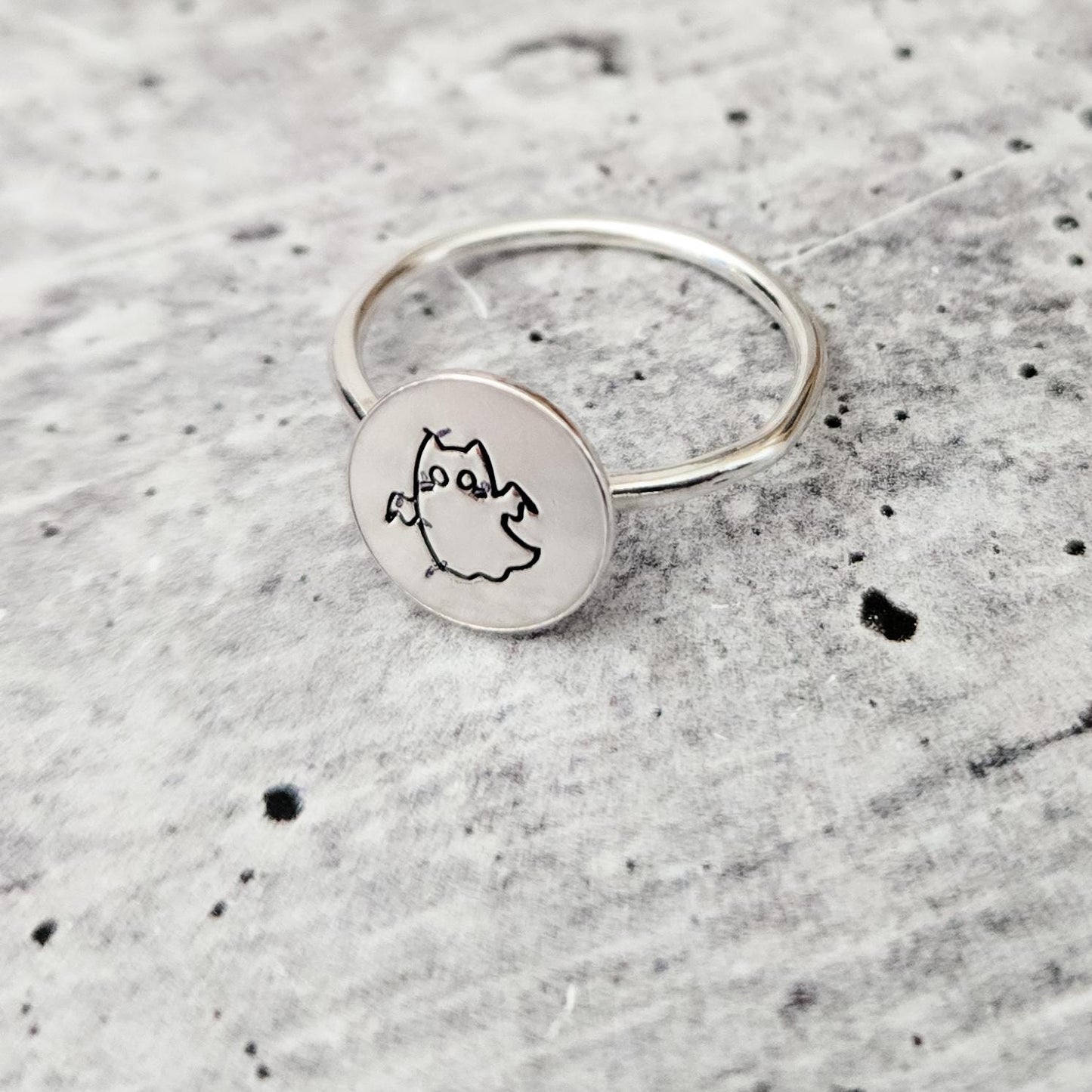 Halloween Ghost Cat Ring: Sterling Silver or Gold-Filled