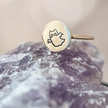 Halloween Ghost Cat Ring: Sterling Silver or Gold-Filled